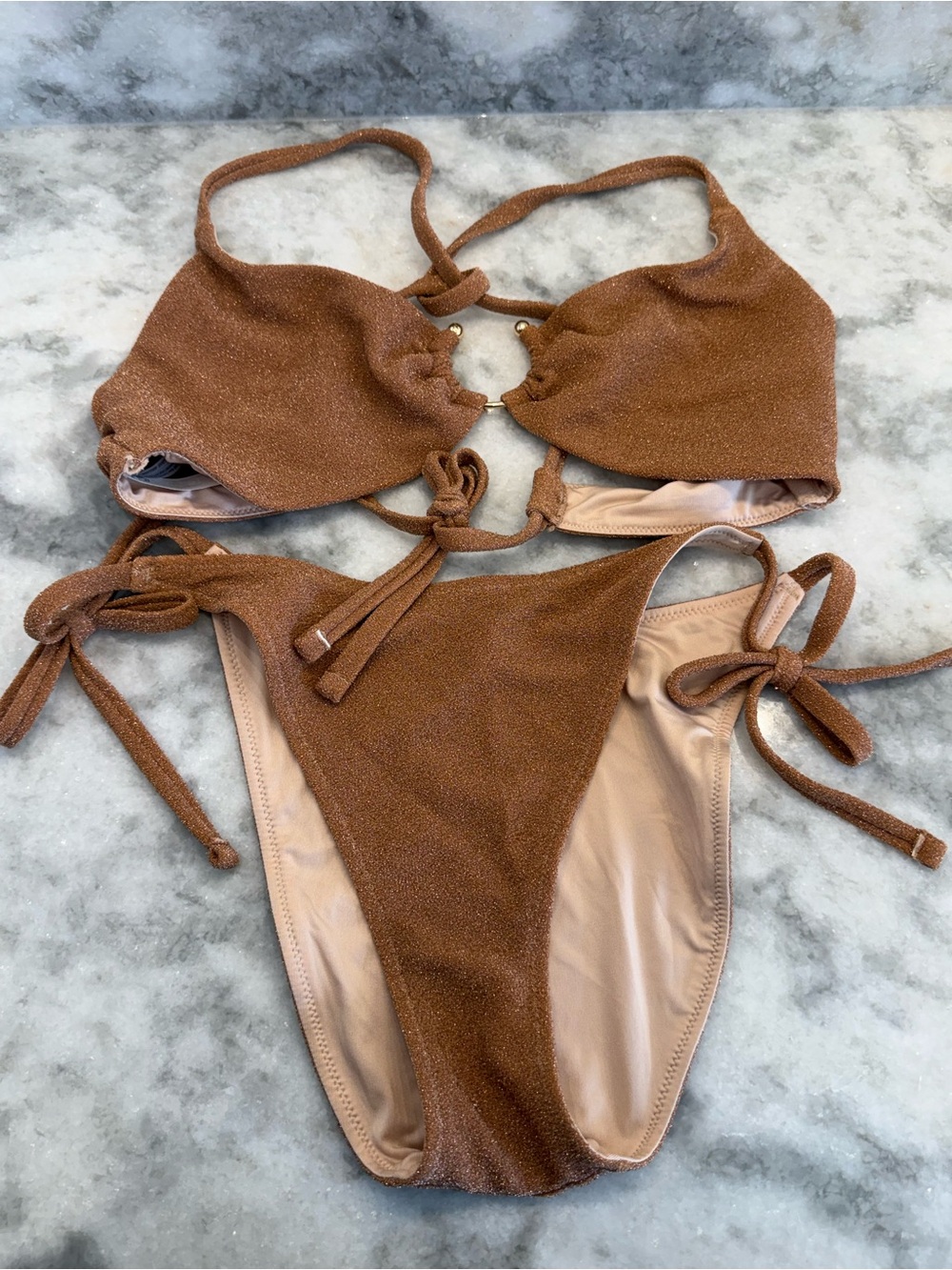 Victoria’s Secret Shimmer Bronze Bikini Set XL/XL Tie Side Luxe Swim Sparkle